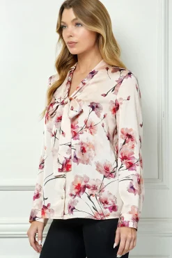 Long Cuff Sleeve Tie Neck Button Blouse in Pink