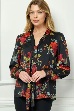 Long Cuff Sleeve Tie Neck Button Blouse in Black