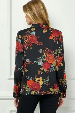 Long Cuff Sleeve Tie Neck Button Blouse in Black