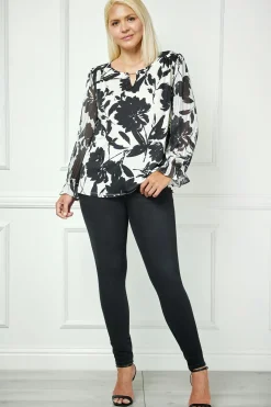 Long Ruffle Sleeve Cutout Trim Front Neck Mix Media Blouse - Plus