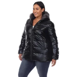 Metallic Puffer Coat with Hoodie - Plus