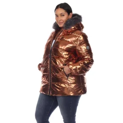 Metallic Puffer Coat with Hoodie - Plus