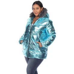 Metallic Puffer Coat with Hoodie - Plus