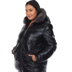 Metallic Puffer Coat with Hoodie - Plus