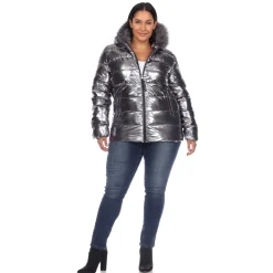 Metallic Puffer Coat with Hoodie - Plus