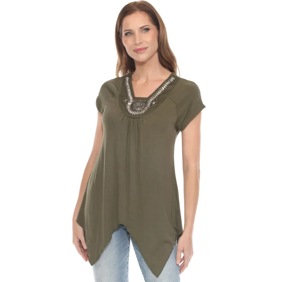 Olive Beaded Angled Hem Knit Top