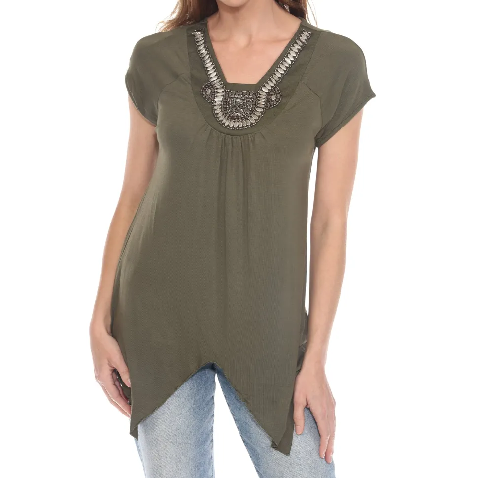 Olive Beaded Angled Hem Knit Top