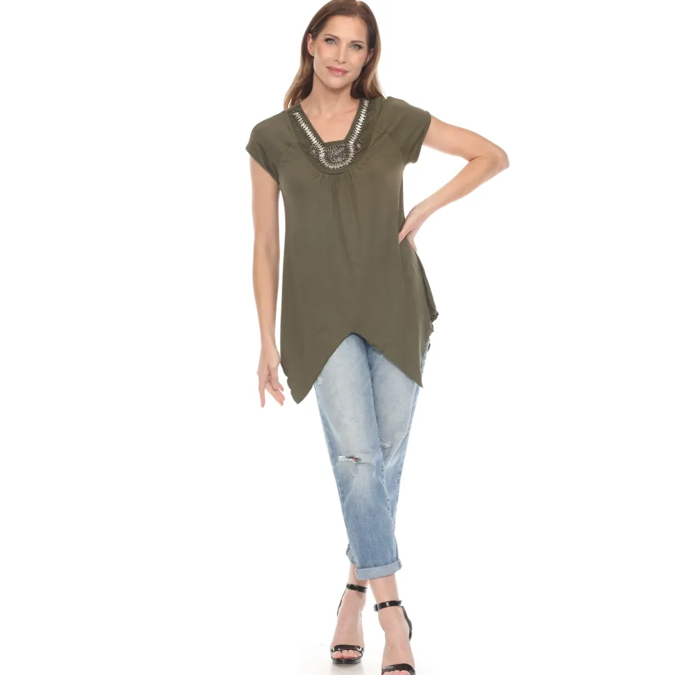 Olive Beaded Angled Hem Knit Top