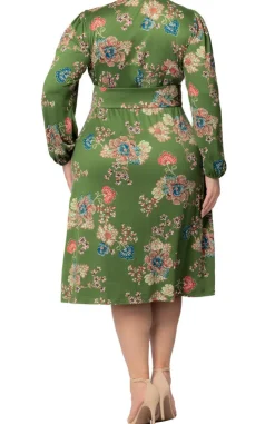 Olive Floral Print Diana Long Sleeve Midi Dress - Plus