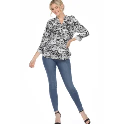 Pleated Long Sleeve Floral Print Blouse
