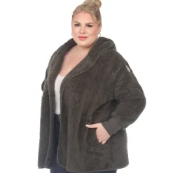 Plush Hooded Cardigan with Pockets - Plus