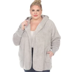 Plush Hooded Cardigan with Pockets - Plus