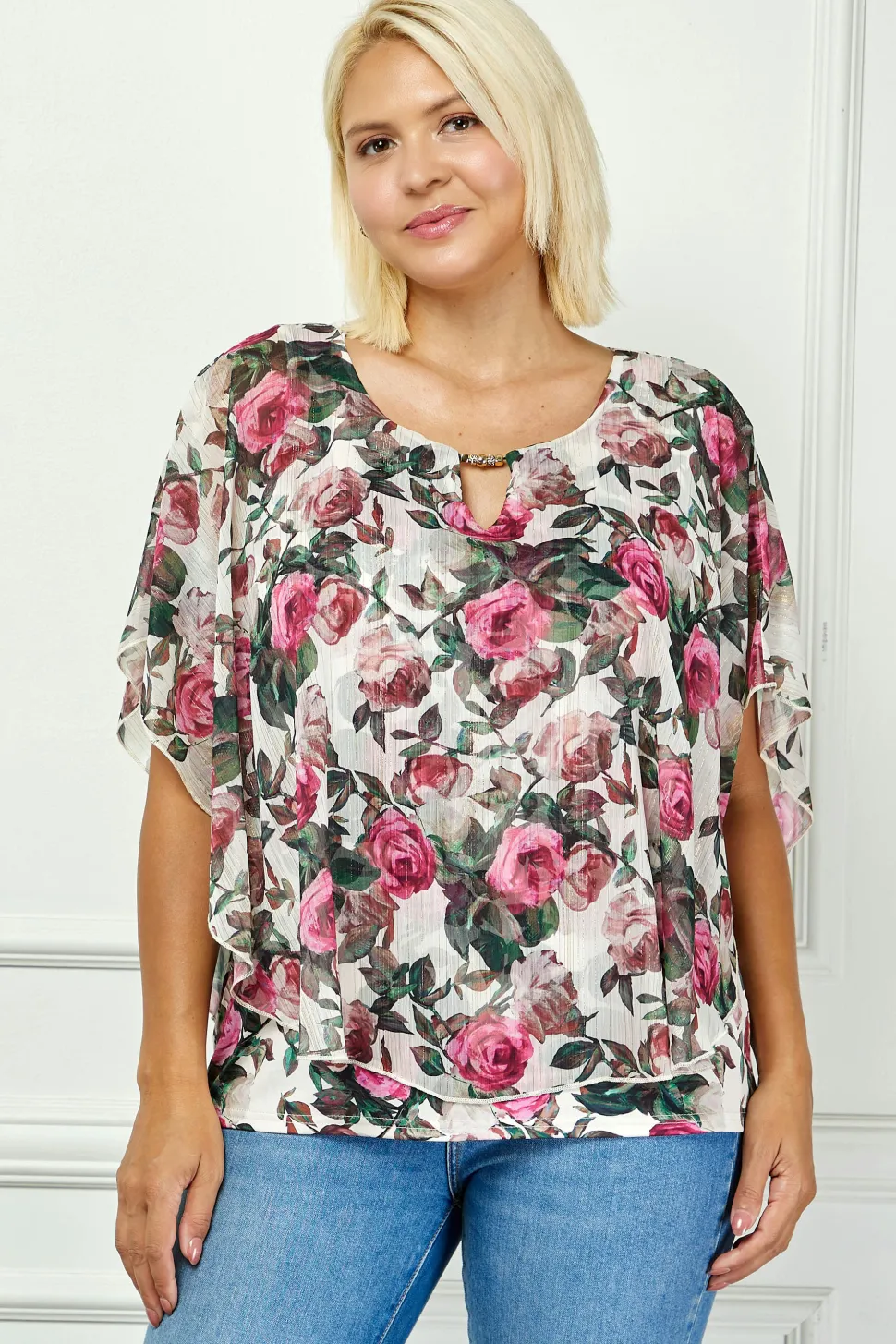 Poncho Tank Cutout Trim Mix Media Blouse in Cream