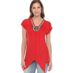 Red Beaded Angled Hem Knit Top