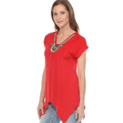 Red Beaded Angled Hem Knit Top