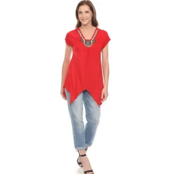Red Beaded Angled Hem Knit Top