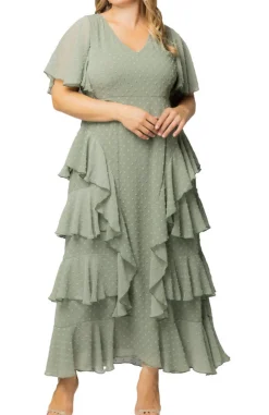 Sage Dot Tour de Flounce Chiffon Gown - Plus