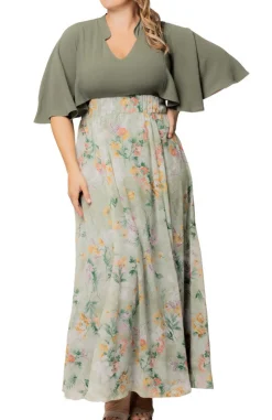 Sage Floral Print Avisa A-Line Evening Gown - Plus