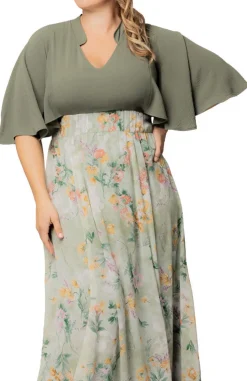 Sage Floral Print Avisa A-Line Evening Gown - Plus