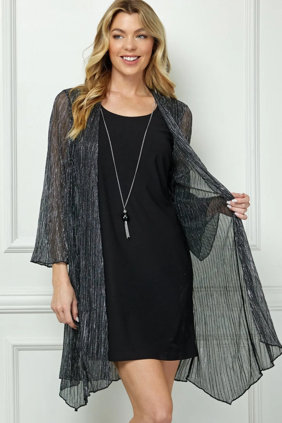 Sara Michelle 3/4 Bell Sleeve 2 Fer Dress And Necklace