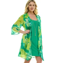 Sara Michelle Green Floral 3/4 2Fer Tank Dress W/ Necklace - Plus