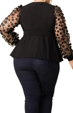 Scattered Petals Long Sleeve Wrap Top, Black - Plus