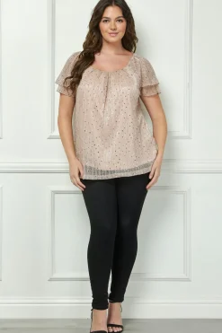 Short Double Flutter Sleeve Pleat Scoop Neck Lined Blouse in Beige - Plus