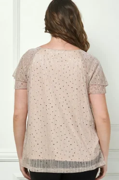 Short Double Flutter Sleeve Pleat Scoop Neck Lined Blouse in Beige - Plus