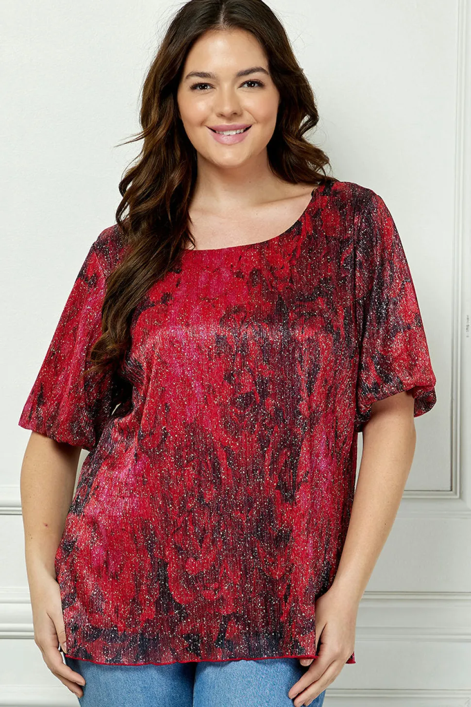 Short Puff Sleeve Scoop Neck Keyhole Back Blouse in Burgundy - Plus