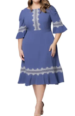 Slate Blue Villa Lace Trim Cocktail Dress - Plus