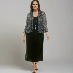 Striped Jacket Tank Dress with Detachable Necklace - Plus