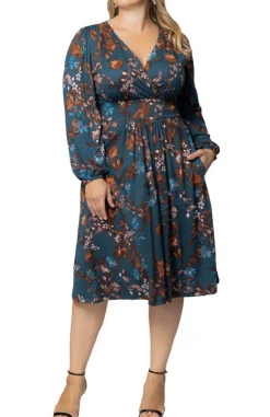 Teal Blue Asters Diana Long Sleeve Midi Dress - Plus
