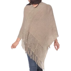 Women's Cable Knit Poncho with Fringe Trim - Brown