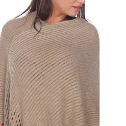 Women's Cable Knit Poncho with Fringe Trim - Brown