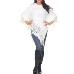 Women's Cable Knit Poncho with Fringe Trim - White