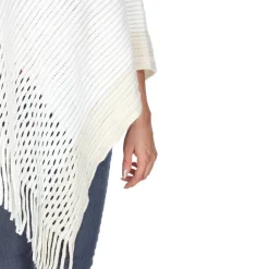 Women's Cable Knit Poncho with Fringe Trim - White