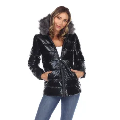 Women's Metallic Puffer Coat with Hoodie