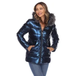 Women's Metallic Puffer Coat with Hoodie