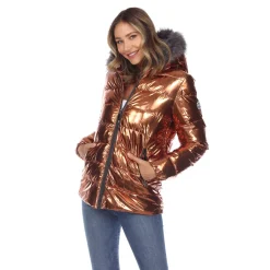 Women's Metallic Puffer Coat with Hoodie