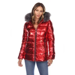 Women's Metallic Puffer Coat with Hoodie