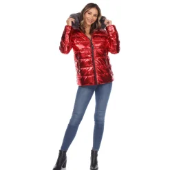 Women's Metallic Puffer Coat with Hoodie