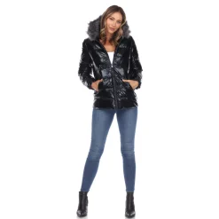 Women's Metallic Puffer Coat with Hoodie