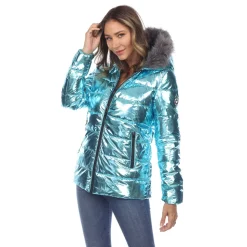 Women's Metallic Puffer Coat with Hoodie