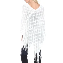 Women's Open Knit Fringe Poncho -White