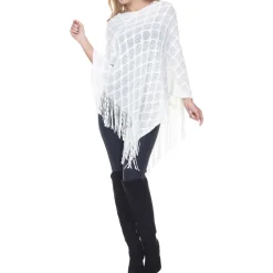 Women's Open Knit Fringe Poncho -White