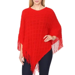 Women's Open Knit Fringe Poncho - Red