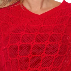 Women's Open Knit Fringe Poncho - Red