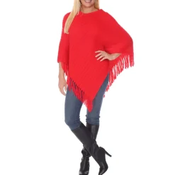 Women's Pullover Knit Poncho with Tassel Trim
