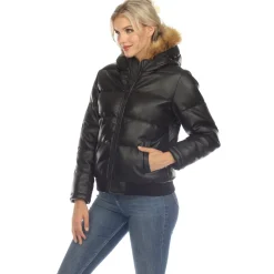 Women's Removable Fur Hoodie Bomber Leather Jacket