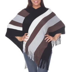 Women's Striped Knit Fringe Poncho